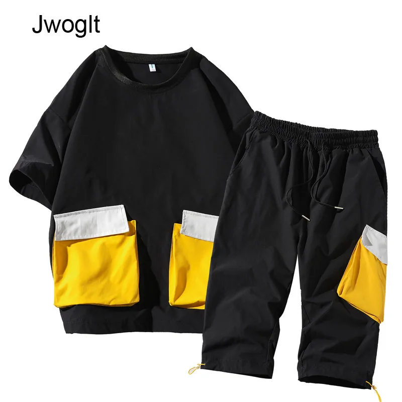 Летние мужские комплекты с большими карманами спортивная одежда модная черного