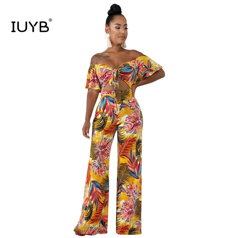 IUYB Slash Print Leaf Maxi летние женские сексуальные короткий рукав спортивный комбинезон повседневные Широкие пляжные стильные комбинезоны YM-8417