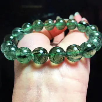 

11.2mm Brazil Natural Green Rutilated Quartz Gemstone Bracelet Women Men Stretch Clear Round Beads Wealthy Bracelet AAAAA
