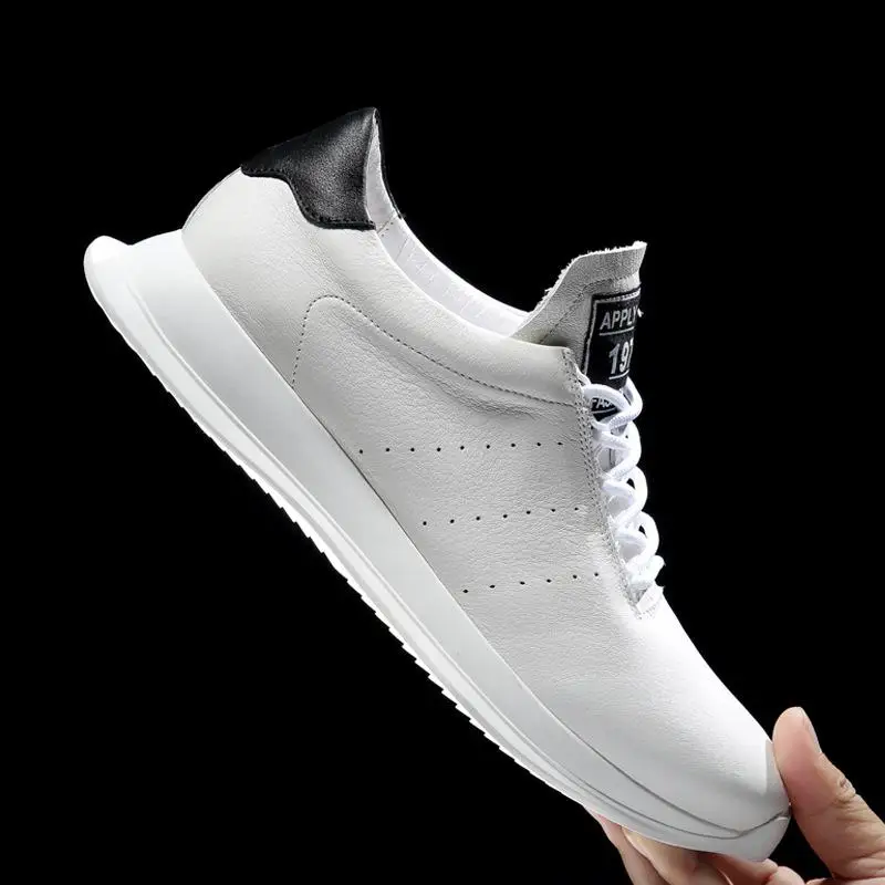 Autumn Winter White Genuine Leather Sneakers Men Trainers Tennis Running Sports Shoes Breathable High Quality Cowhide Sneakers - Цвет: Белый