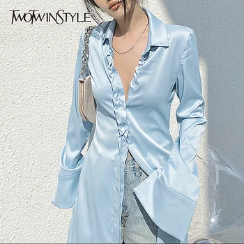 

TWOTWINSTYLE Sexy Loose Women Dresses Lapel Collar Long Sleeve High Waist Rucched Elegant Dresses For Female Fashion Clothes New