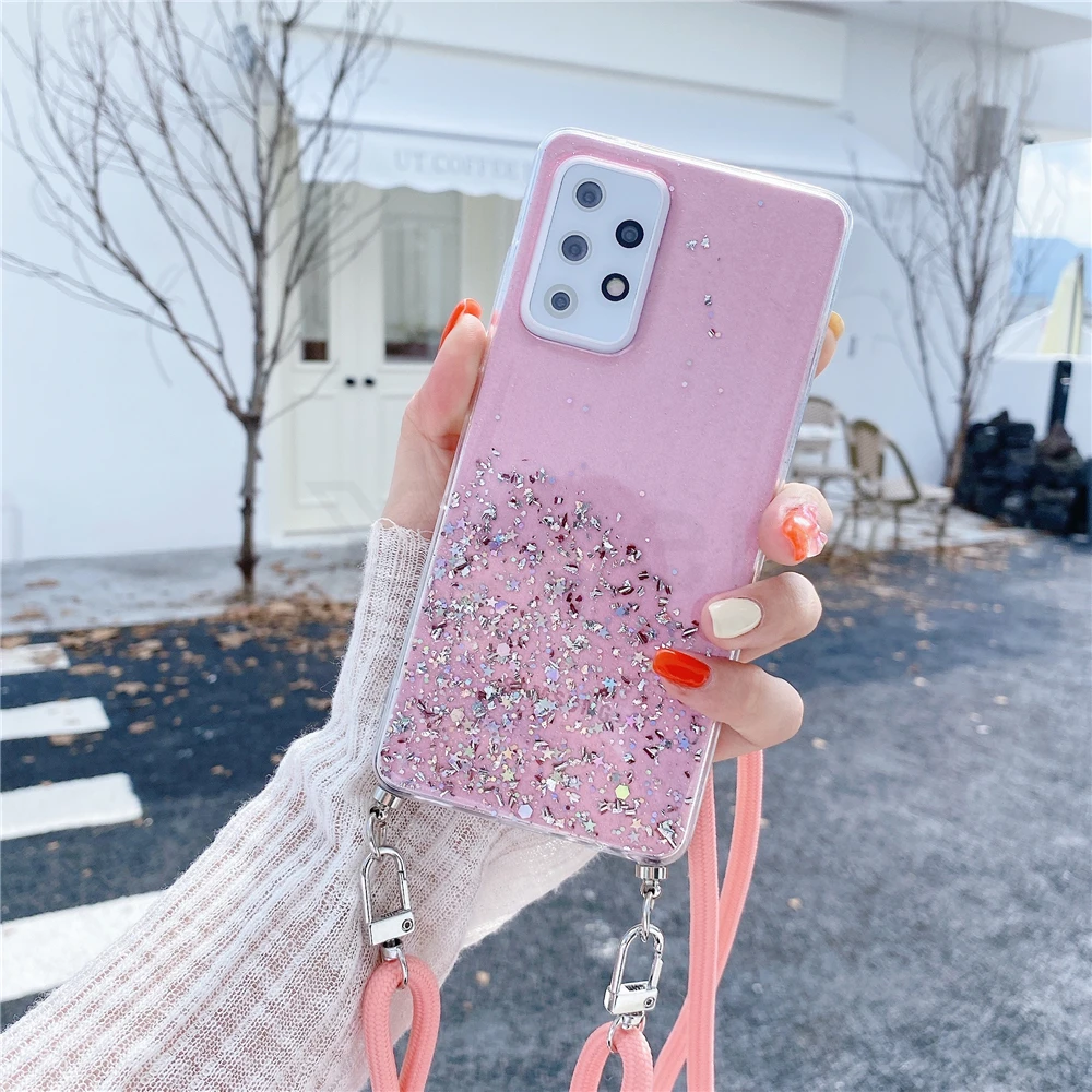 cute phone cases for samsung  Necklace Hang Lanyard Transparent Glitter Sequins Phone Case For Samsung S20 FE S21 Note 20 Ultra 10 Pro S10 S9 Plus S8 A51 A71 kawaii samsung phone cases
