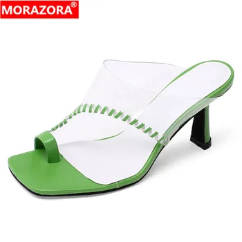 

MORAZORA 2020 hot sale genuine leather +pvc flip flops women sandals transparent thin high heel summer sandals lady party shoes