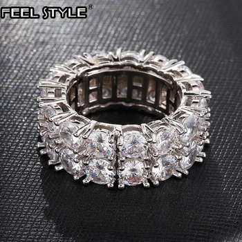 

2 Row Classic CZ Solitaire Ring Gold/Gold Color Iced Out Zircon Charm Round Ring For Men Women HIP Hop Jewelry Size 8-11