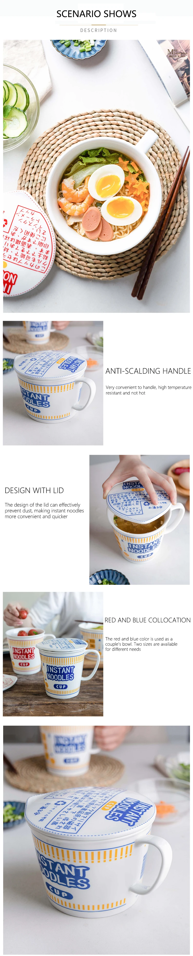 Large Home Creative Ramen Bowl With Lid Large Student Dormitory Noodle Bowl Japanese Creative Ceramic Cup Instant Noodle Bowl