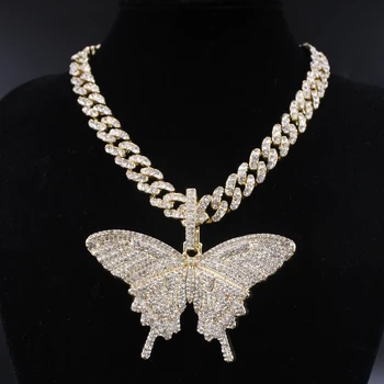 Big size Butterfly pendant charm 12mm bubble miami curb cuban chain hip hop necklace rapper gift rock men women jewelry golden