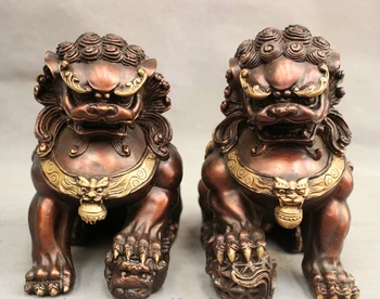 

voge gem S2805 Folk Chinese Pure Bronze Animals Expel Evil Protect Lion Statue Pair Sculpture D0317