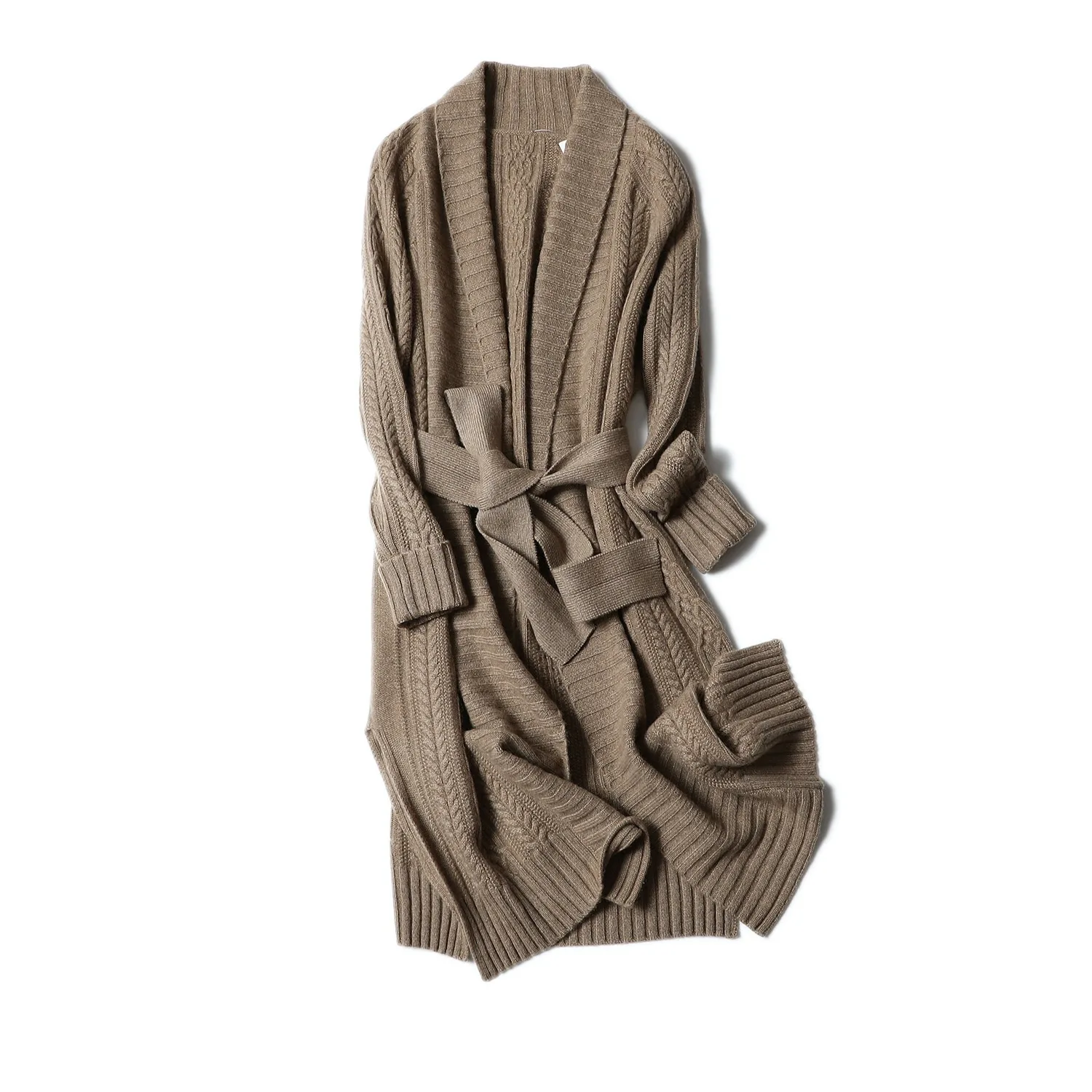 

Cashmere Turn-down Collar Sashes Vintage Womens Sweaters Belt Solid Vintage Long Cardigan with Long Sleeve Warm Winter