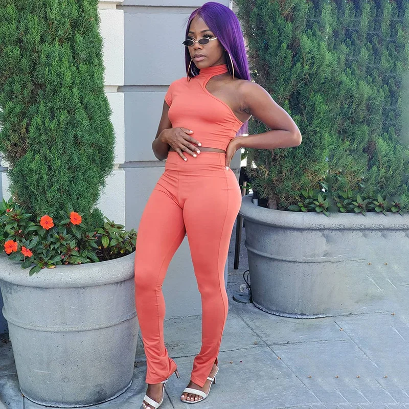 

Fashion Irregular Hollow Out Tank Top+Slim High Waist Pants Solid Casual Women Summer Clothing Set Party Club Streetwear 2021