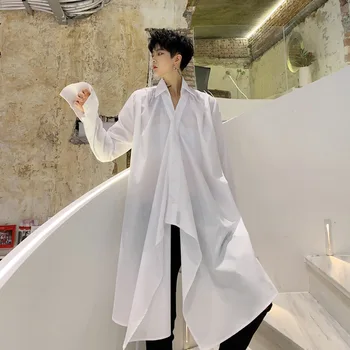 

EWQ / men's and women's wear Irregular long Sleeve Bandage waist black white long Shirt 2020 Spring korean fashion new top FS617