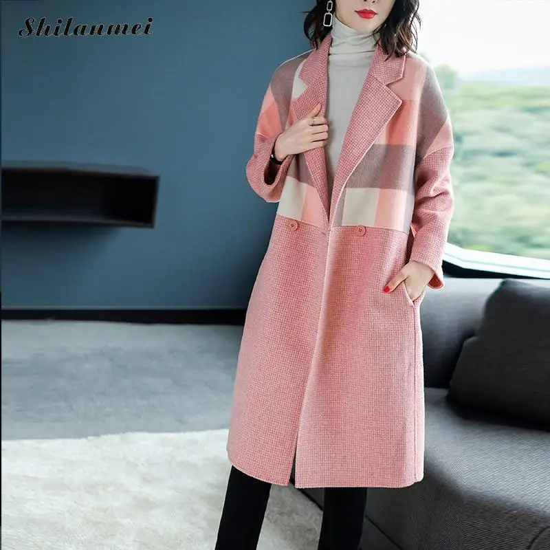 

2019 Autumn Winter Elegant Office Outwear Ladies Long Coat Women Pink Wool Blend Coat Long Style Plaid Patchwork Overcoat Female
