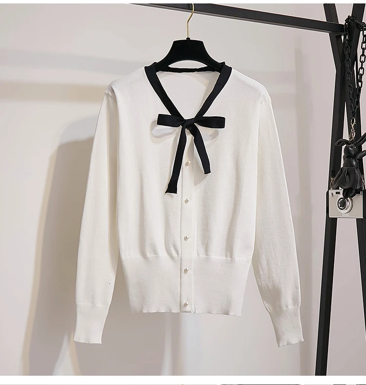 office ladies Winter Sweaters Skirts Set Bow Knitted Pullover Tops+Plaid Skirts 2PCS Suits Tracksuits Clothing Set