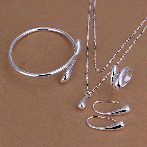 

Women Fashion Silver Plated Jewelry Set Bracelet Necklace Ring Hook Oval Earings