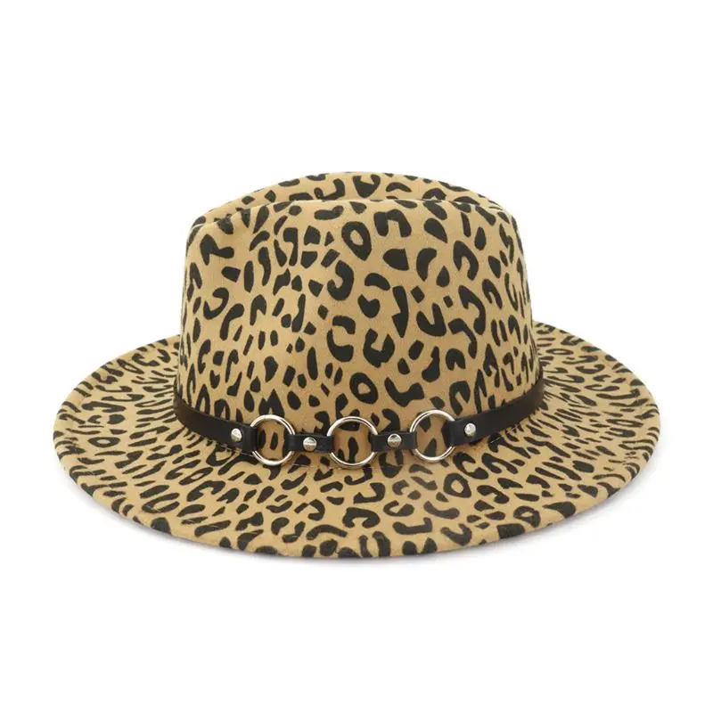 Женская Ретро плоская с широкими полями леопардовая фетровая шляпа в стиле джаз Кепка с металлическим уплотнительным кольцом-цепочкой