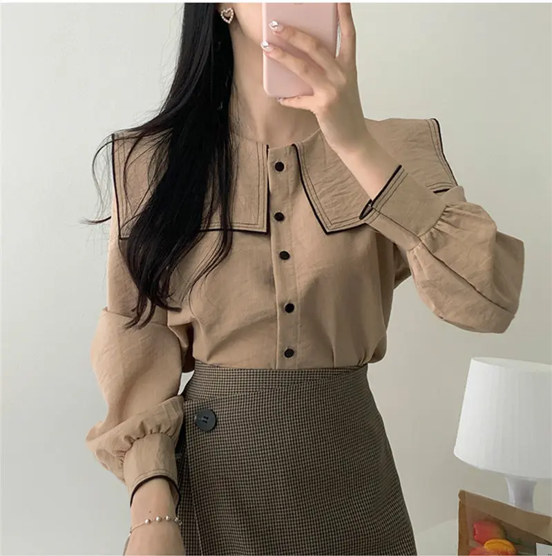  New Vintage solid brown Shirt female Oversize Tops Women Long sleeve Girls Blouse Plus Size Autumn 