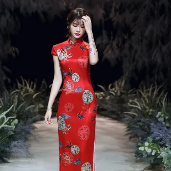 

Spring Chinese Lady High Split Sexy Qipao Large Size 3XL 4XL Print Flower Stage Show Cheongsam Elegant Evening Dress
