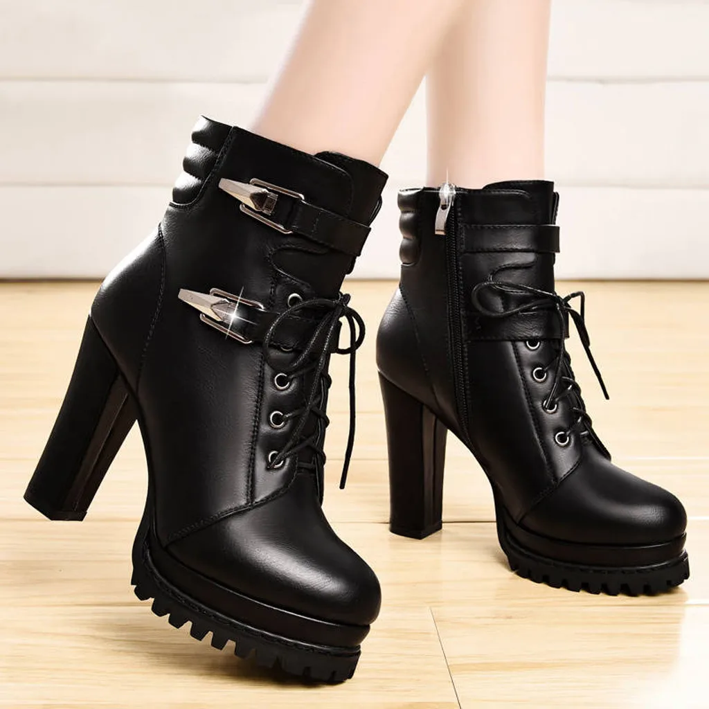 Botas cálidas de tacón alto para mujer, botines cortos informales de suela gruesa con correa cruzada, para motocicleta gótica y2k