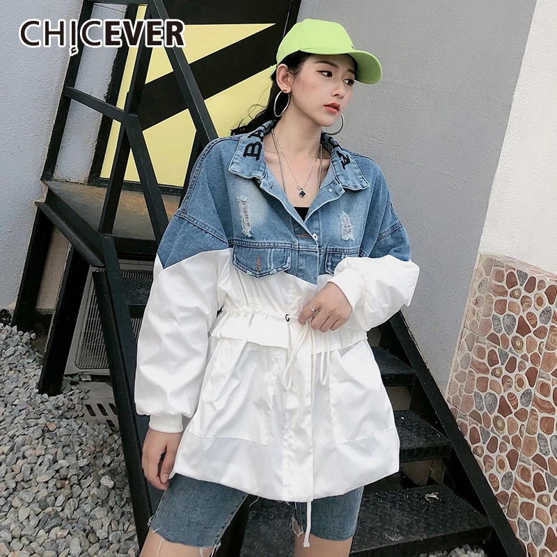 Женская джинсовая куртка CHICEVER Лоскутная с отложным воротником и рукавами