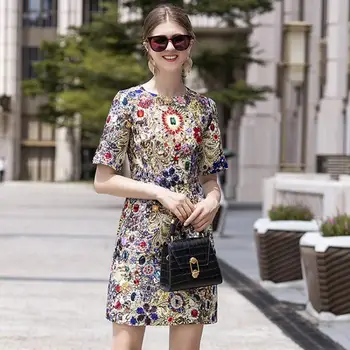 

High Quality 2020 Women Elegant Diamond Vintage Short Dresses Print Beading Short Sleeve Dress Summer Luxury Party Clothes