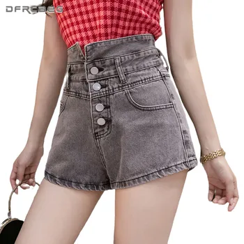 

Black Gray Vintage Women Denim Shorts With Button 2020 Hight Waist Ladies Retro Slim Casual Short Jeans Trousers Femme