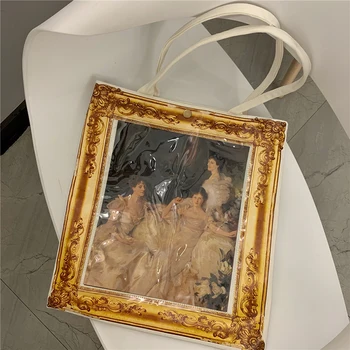 

2019 new canvas handbag PVC material outer bag vintage oil painting frame shoulder bag shopping tote bag + four oil paintings
