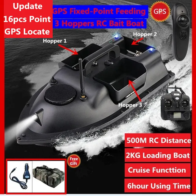 GPS 3 Hoppers 500M 16PCS Point GPS Located RC Bait Boat 2KG Load GPS Automatic Feed Return Remote Control Fishing Tool Bait Boat 1