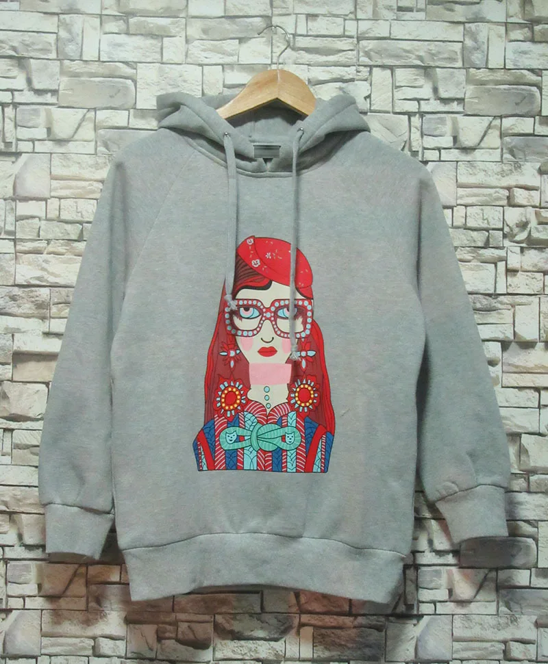 

Autumn 2019 New Sweatshirt Magazine with Grey Cartoon Characters Loose Casual Hooded Women Pullovers Print Sweatshirt Women