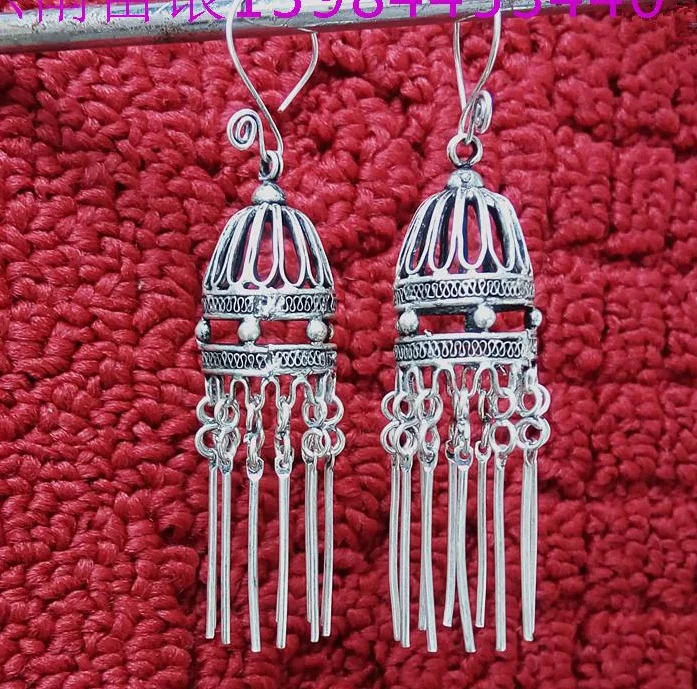 

charming Handmade Miao silver national style earrings tassel hanging ear Miao silver pinching silk lantern Earrings