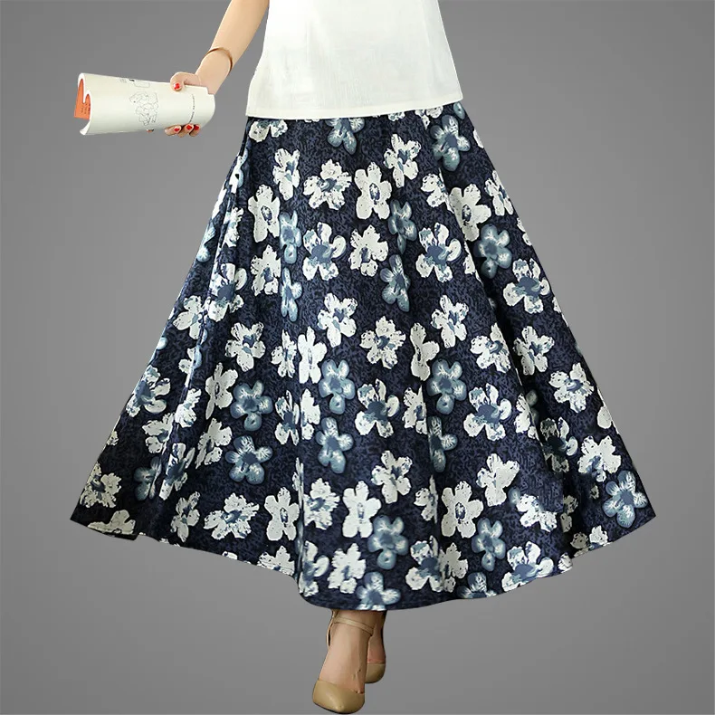 

2019 Women's Spring And Summer New Style Cotton Linen High-waisted Pleated Big Hemline Literature And Art Floral-Print Beach Pri