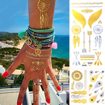 

Waterproof Temporary Tattoo Sticker Metal Gold Silver Mandala Flower Henna Wing Flash Tattoos Women Bracelet Body Art Fake Tatto
