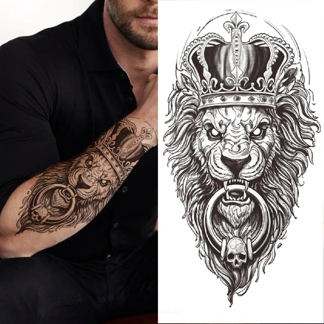 Faux tatouages temporaires avec boussole mauvais œil pour hommes et femmes, autocollant réaliste, roi Lion, loup, demi-manche, poitrine, avant-bras 6