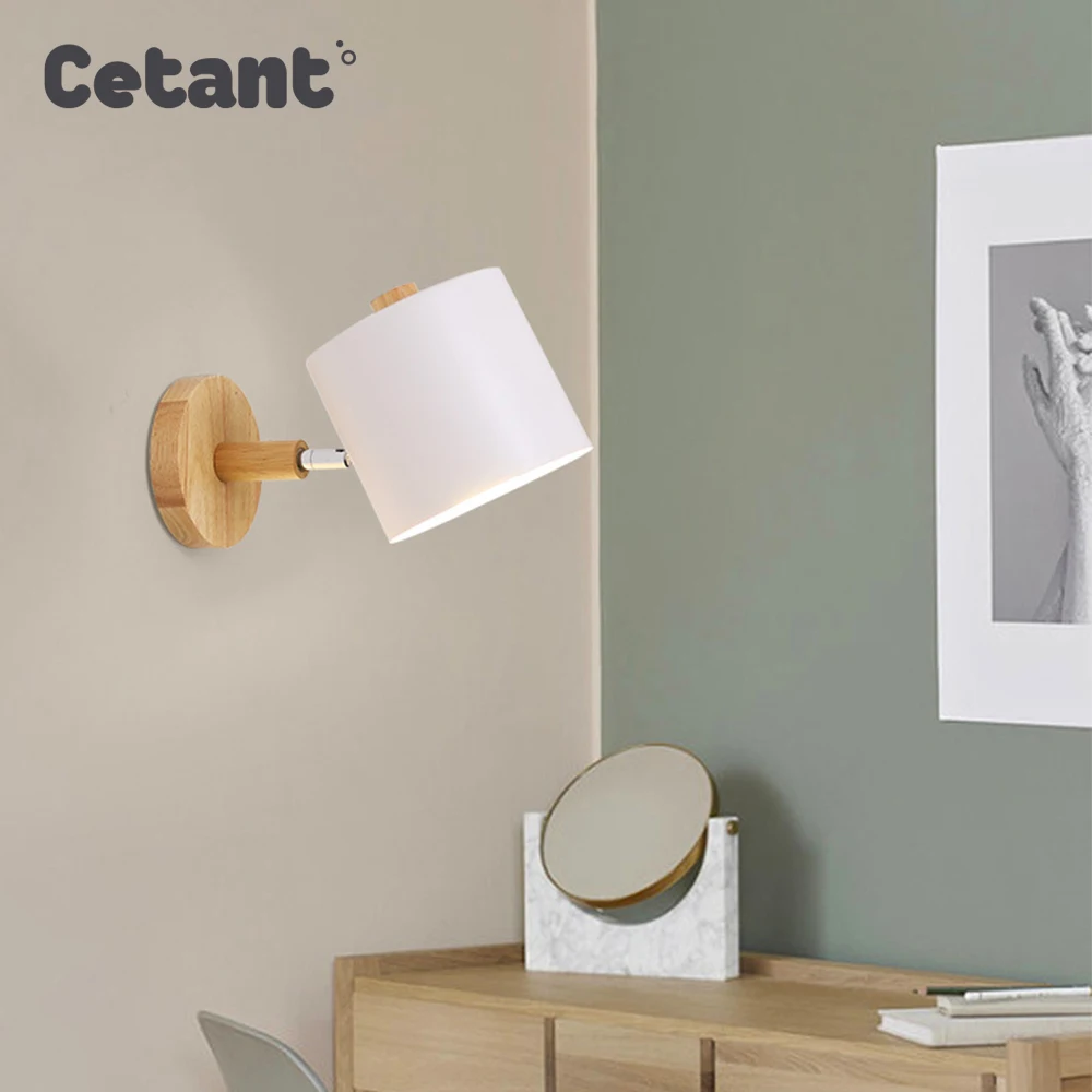 

Nordic wall lamp creative macaron Simple cylindrical bedroom lamp Iron lampshade + solid wood base E27 electric light socket