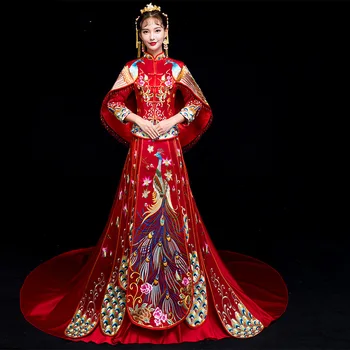 

Ancient Bride Trailing Qipao Dress Top Quality Classic Women Peacock Tang Costumes Embroidery Chinese Style Wedding Cheongsam