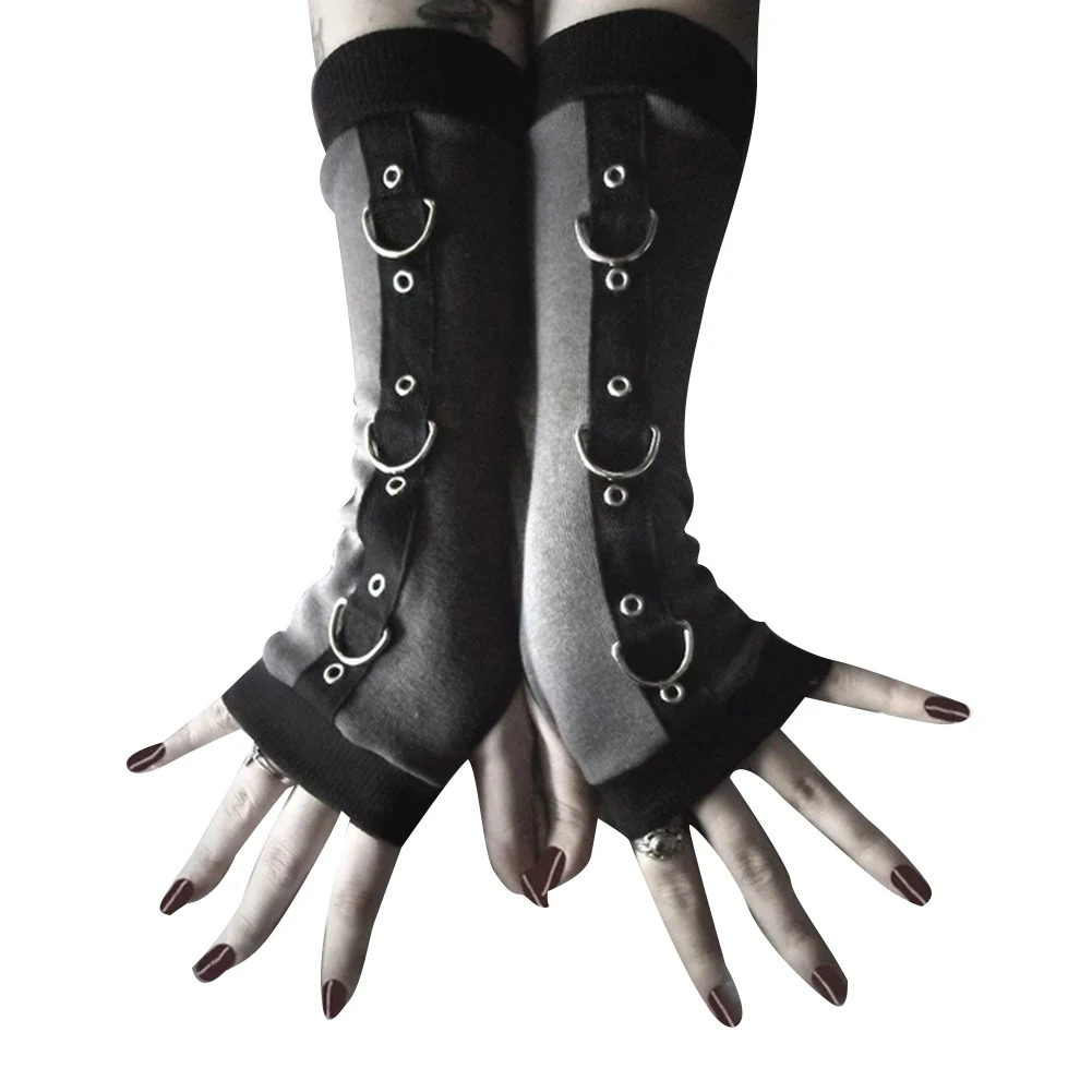 Женские перчатки в стиле панк без пальцев с металлическим d-кольцом, теплые Рукава с отверстием для большого пальца, теплые перчатки без