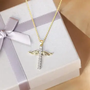 

Fashion 14k gold color angel wings cross pendant necklaces for women zircon diamonds gemstones choker jewelry bijoux gifts hot