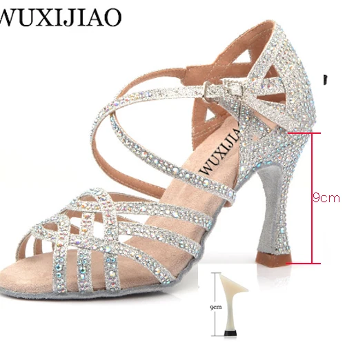 Silver heel 9cm WUXIJIAO/серебристые и Синие стразы; обувь для латинских танцев; женская Обувь для бальных танцев; обувь для вальса на высоком каблуке 9 см; Лидер продаж - Цвет: Silver heel 9cm