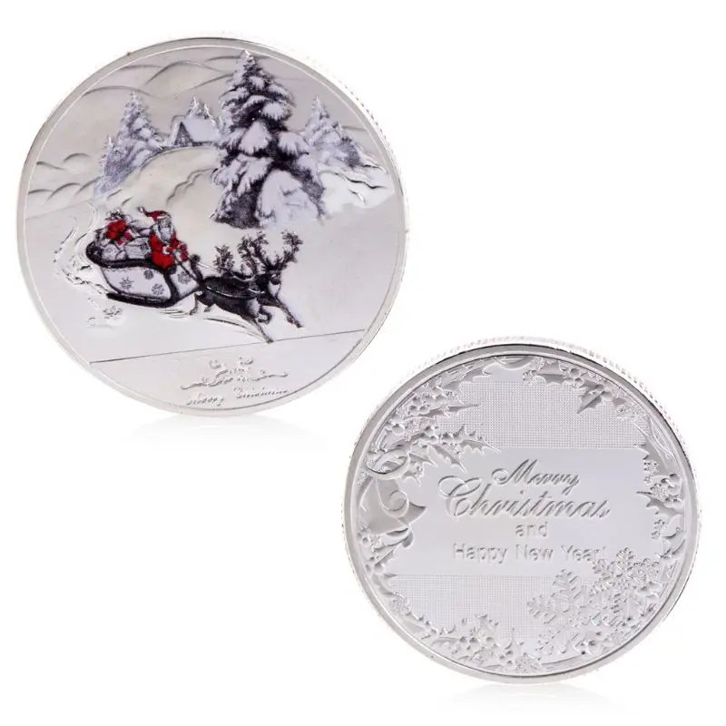 Рождество Санта Клаус оленья упряжка на год памятная монета сувенир - Цвет: Silver