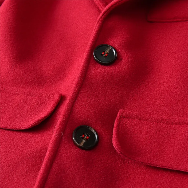 Baby Boy Gentleman Fall Winter Warm Woolen Coat Outfit V Neck Solid Red Color Long Sleeve Button Top Jacket Outwear with Pocket