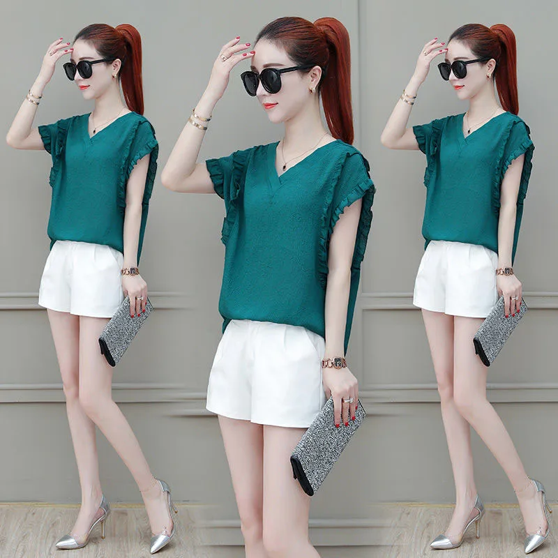  Women Summer Backless Chiffon Blouses Shirts Lady Casual Short Ruffles Sleeve V-Neck Blusas Tops DF