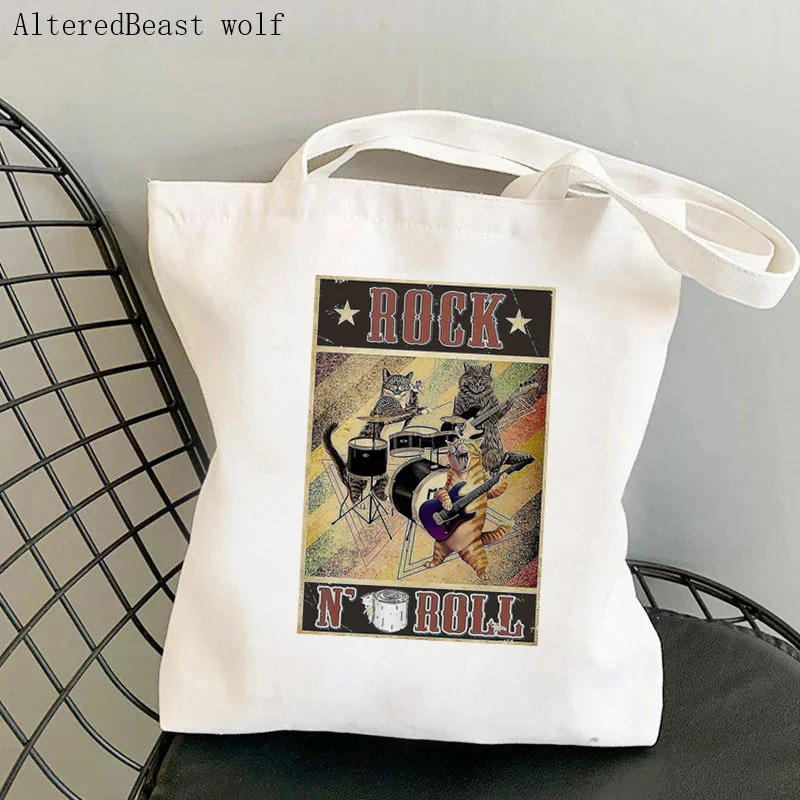 Women Shopper bag Rock cats funny cat lover Kawaii Bag Harajuku Shopping Canvas Shopper Bag girl handbag Tote Shoulder Lady Bag