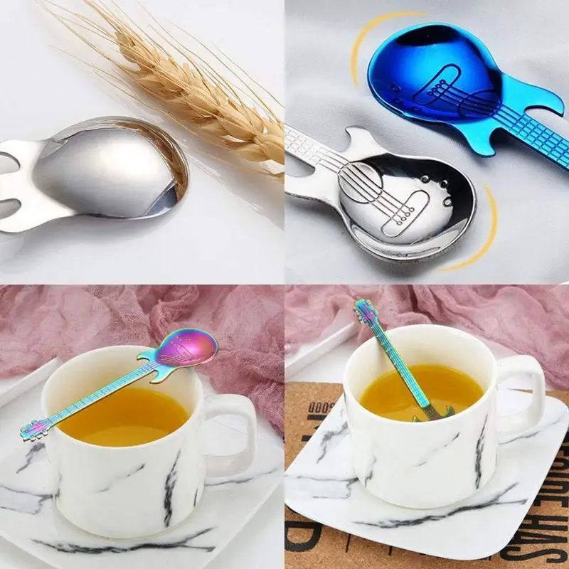 5 шт. кофейные ложки для гитары, музыкальная ложка Demitasse из нержавеющей стали, красочная десертная ложка, милая кухонная посуда для Cof