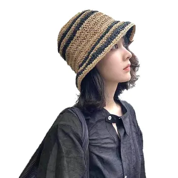 

Fibonacci Hand Made Hollow Summer Women Bucket Hat Striped Foldable Straw Fisherman Sun Hats Sunscreen Seaside Beach Cap