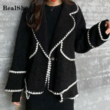 RealShe, Женская куртка,, с отворотом, длинный рукав, в полоску, пальто и куртки, для женщин, весна, повседневная, элегантная, черная, плюс размер, пальто для женщин