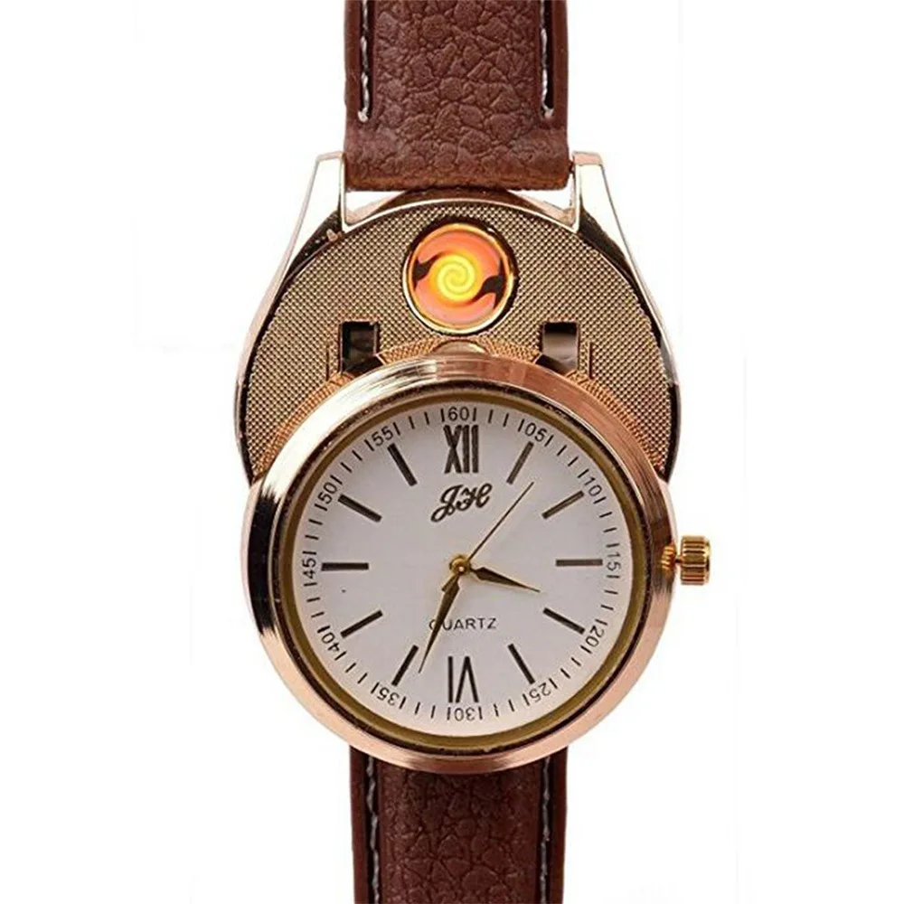 

Electronics Lighter USB Charge Gold Quartz Watch Men Wristwatch Men Watches 2020 Luxury Brand Leather Top Clocks Boyfriend Gift