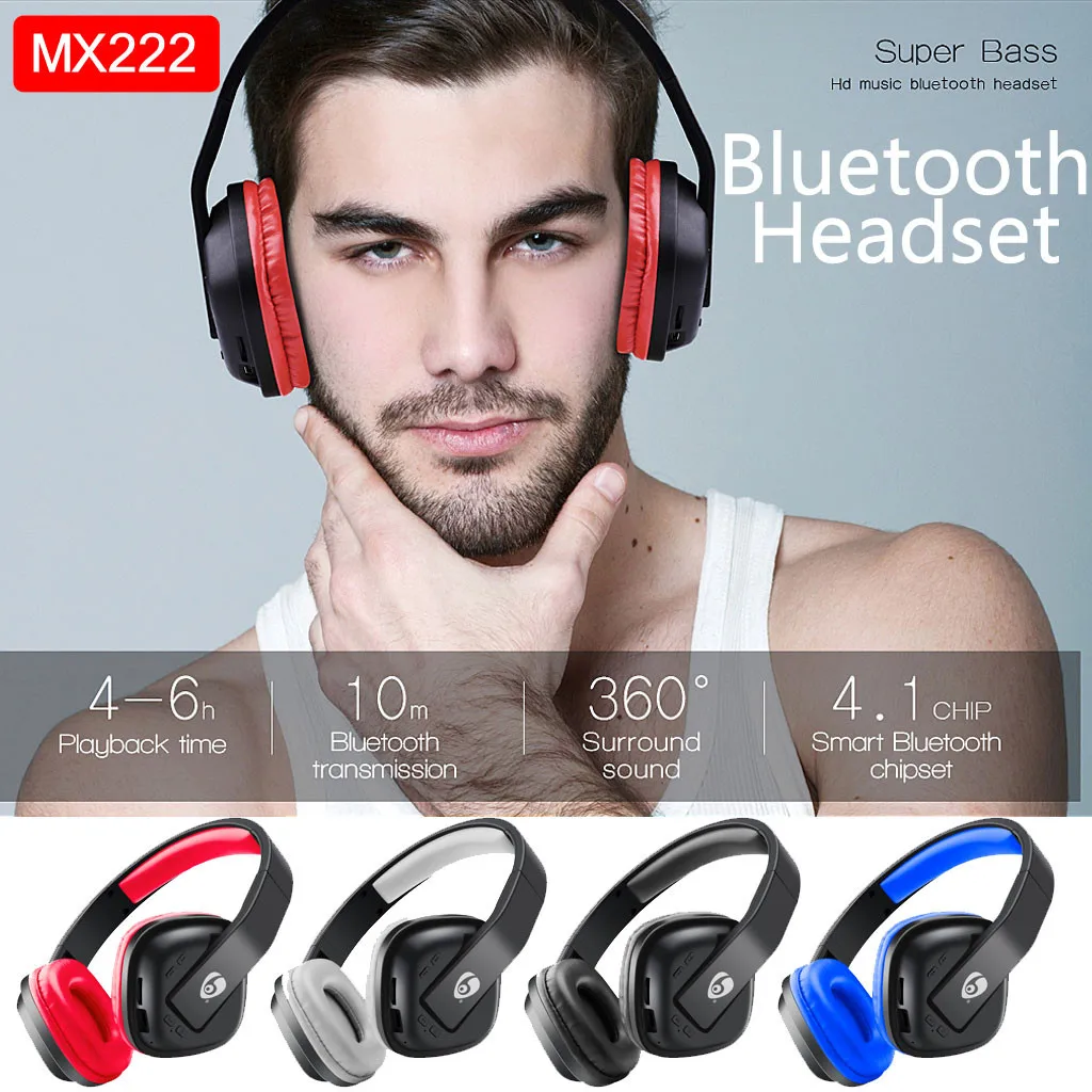 MX222 Subwoofer Wireless Bluetooth Headset Music TF Card Noise Cancelling Stereo