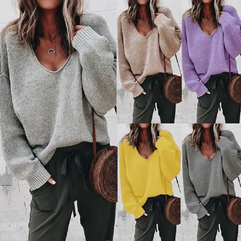 

Women Knitted Sweater V Neck Long Sleeve Pullovers Loose Solid Coat 2019 Autumn Winter Soft Cotton Sweater Feminine Coat Jumper