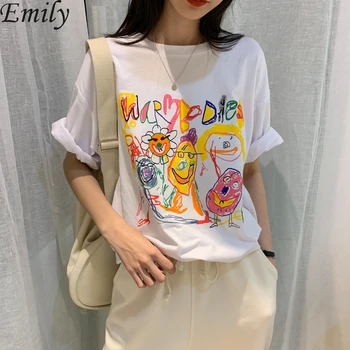 

Summer White T Shirt Women T-shirt Cartoon Letter Print Loose Oversize Harajuku Bts Kpop Casual Cute Short Sleeve Free Shipping