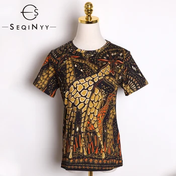 

SEQINYY Cotton Tee Shirt 2020 Summer Spring New Fashion Design Women Short Sleeve Bohemian Animals Flowers Print Vintage Top