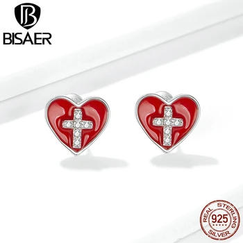 

BISAER Cross with Heart Earrings 925 Sterling Silver Red Heart Women Stud Earrings Female Classic Silver Earrings Jewelry EFE418