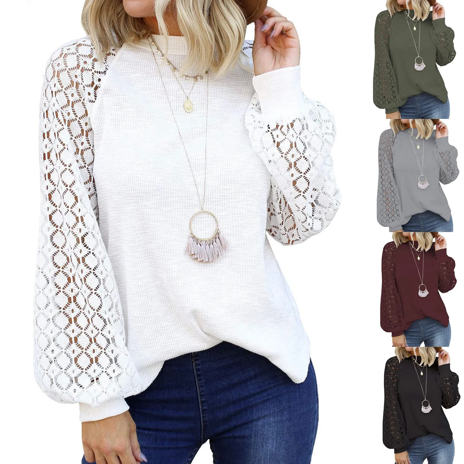 Fashsiualy Elegent Lace Female Sweatshirt Autumn Winter Women's O-neck Long Sleeve Tops Lace Stitching Loose Patchwork Blouses 1